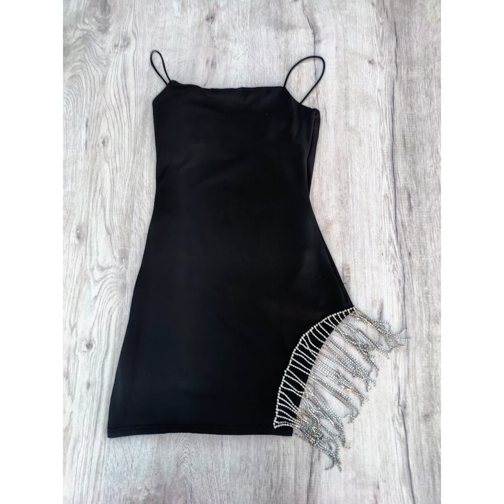 Rhinestone Fringe Black‎ Mini Dress Side Slit Bodycon  Party/NYE  Clubwear
